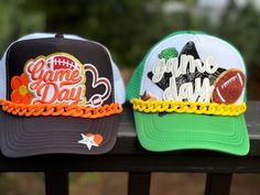 Show your football day pride off in a custom game day hat! These two are celebrating our teams in orange or green, but we can do lots of other colors too! You could also add the jersey number of your favorite player!  💫 Hats can be customized.  📸All hats not labeled as sold are immediately available 🚚1-3 day shipping  *Custumization will affect price, and all hats are adorned with a star and heart  #trendyhat #truckerhat #patches #customhat #bachelorparty #gameday #football #gearup #collegeba Game Day Cap For Football Season, White Sports Fan Trucker Hat For Game Day, Game Day Football Season Sports Fan Hat, Sports Fan Hats For Football Season Game Day, Customizable Sports Fan Hats For Fan Gear, Customizable Sports Hat For Fans, Team-colored Sports Fan Hat For Game Day, Customizable Sports Fan Trucker Hat, Hats Trucker