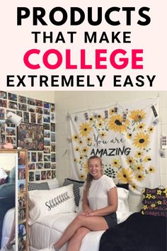 a woman sitting on top of a bed in front of a wall covered with pictures