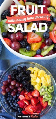 fresh fruit salad with honey lime dressing in a bowl