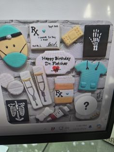 a computer screen with an image of medical items on it and the words happy birthday dr fitzman