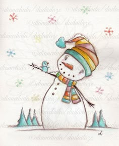 a drawing of a snowman with a bird on his arm