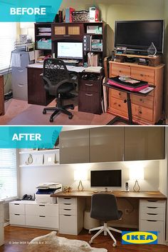 before and after pictures of a home office with desks, computer monitors, and drawers