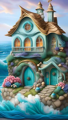 a painting of a house on the ocean with waves coming in and out of it