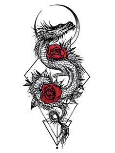 a dragon and rose tattoo design on a white background