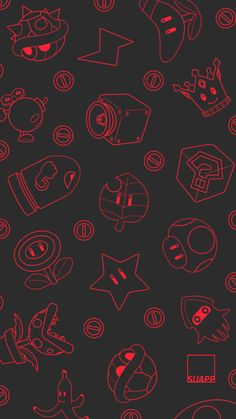 a black background with pink and red doodles on the bottom right corner is an image of several different types of objects