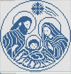 the birth of jesus cross stitch pattern in blue and white, on a circular background