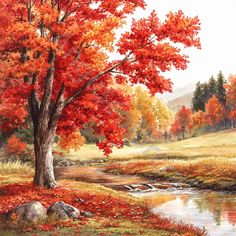 a painting of an autumn scene with a stream and trees in the foreground, surrounded by red leaves