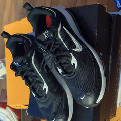 Brand New Nike Black Tennis Sneakers, Black Low-top Tennis Running Shoes, Black Running Shoes With Boost Midsole For Tennis, Black Low-top Tennis Shoes, Sporty Black Tennis Running Shoes, Black Sporty Tennis Running Shoes, Black Round Toe Tennis Sneakers, Black Synthetic Tennis Sneakers, Shoes Air Max