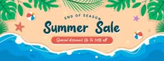 the end of season summer sale with tropical leaves and starfish on an ocean background