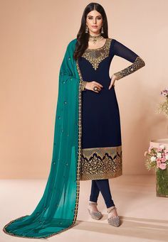 Semi-stitched Faux Georgette Straight Kameez in Navy Blue This Round Neck and Quarter Sleeve attire with Poly Shantoon Lining is Prettified with Resham, Zari and Patch Border Work Available with a Navy Blue Poly Shantoon Churidar and a Teal Blue Faux Georgette Dupatta The Kameez and Bottom Lengths are 46 inches respectively Do note: The Length may vary upto 2 inches. Sleeve and Accessories shown in the image are for presentation purposes only.(Slight variation in actual color vs. image is possi Salwar Georgette, Bollywood Suits, Look Zara, Hippy Style, Trendy Suits, Bollywood Dress, Churidar Suits, Salwar Kameez Online, Designer Salwar Suits