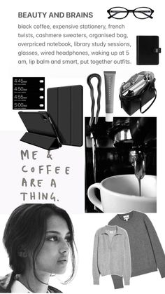 an advertisement for eyeglasses, coffee and other things in black and white with the caption