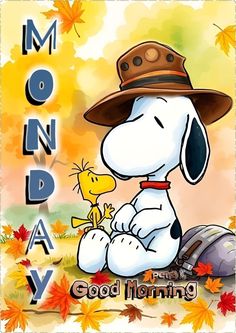 a cartoon dog wearing a hat and holding a yellow bird in his paws with the words good morning on it