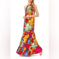 Vince Camuto Oscar Floral Tiered Maxi Dress In Orange Multi | Size Xs Channel Bold Energy In This Floor-Grazing Maxi Dress With Tiers And Colorful Blooms For Extra Drama. Halter Neck Unlined 100% Rayon Machine Wash Tumble Dry Imported Always Open To Reasonable Offers! **If You Are New To Poshmark, Use My Code Stylebydesign_ When You Register & Receive A $10 Credit Toward Your First Purchase From My Closet !! Smoke Free/Pet Free Home Wedding, Cocktail, Gala, Black Tie , Cruise, Formal, Pageant, P Vibrant Floral Print Maxi Dress, Vibrant Colorful Floral Print Maxi Dress, Vibrant Multicolor Floral Print Maxi Dress, Vibrant Red Floral Print Maxi Dress, Fitted Multicolor Print Summer Maxi Dress, Tropical Multicolor Halter Neck Maxi Dress, Vibrant Red Maxi Dress With Floral Print, Red Maxi Dress With Colorful Pattern For Vacation, Tropical Red Maxi Dress With Floral Print