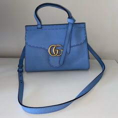 Never Used Gucci Gg Marmont Leather Top Handle Shoulder Bag Blue. Comes With Detachable Strap And Dust Bag Gucci Marmont Matelasse Mini, Gucci Sylvie Bag, Gucci Purse, Sky Blue Color, Mini Blue, Bags Gucci, Gucci Gg Marmont, Gucci Shoulder Bag, Ostrich Leather