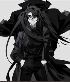 an anime character with long hair and black clothes