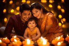 a man, woman and child are sitting in front of candles with the lights on them