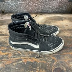 Vans Sk8 Hi size 9 in black. Worn in sneakers. Throw on and go on. See photos for details. Flex Your Head Threads! Grunge Lace-up Sneakers For Streetwear, Grunge Low-top Sneakers For Streetwear, Black Slip-on High-top Sneakers, Casual Distressed High-top Sneakers, Casual Low-top Distressed Sneakers, Black Casual High-top Sneakers For Skateboarding, Casual Black High-top Sneakers With Gum Sole, Casual Black High-top Sneakers For Skateboarding, Casual Black High-top Sneakers For Streetwear