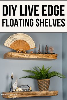 two wooden shelves with plants and other items on them in front of the text, diy live edge floating shelves