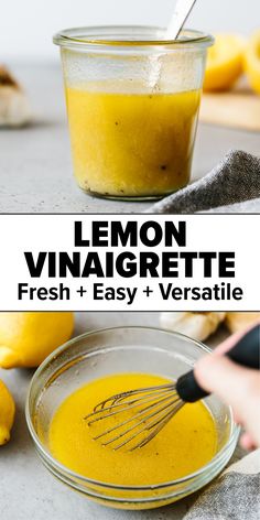 Lemon vinaigrette dressing in a bowl and jar. Lemon Vinaigrette Dressing Recipe, Vinegrette Salad Dressing, Vinegrette Recipe, Lemon Vinaigrette Recipe, Olive Oil Salad Dressing, Healthy Dressing Recipes, Lemon Salad Dressings, Lemon Vinaigrette Dressing, Vinaigrette Dressing Recipe