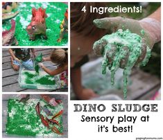 there are four pictures with different things in the same photo and text that says, dino sludge sensory play at it's best