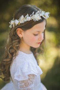 Communion Hair, First Communion Hairstyles, Communion Headpiece, Communion Hairstyles, Ivory Wedding Flowers, Flower Wreath Hair, First Communion Veils, Communion Veils, First Communion Decorations