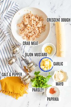 the ingredients to make an appetizer laid out on a marble counter top with text overlay