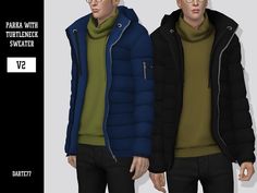 two male mannequins wearing jackets and sweaters with text over them that says parka with tourenk sweater v3