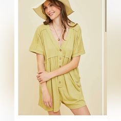 Nwt Flowy Green Romper Pockets, V Neck Line, Button Up, Not See-Through, Soft Comfy Material, Perfect Summer Outfit! This Top-Rated Romper, A True Seasonless Staple, Is Showcased In A Comfortable Textured Knit With A Button-Down Design, Pockets, And Stitch Details. This Best-Selling All-Time Favorite Offers A Cozy And Effortless Look Perfect For The Spring And Summer Seasons. Green Button-up Jumpsuits And Rompers, Solid Button-up Jumpsuits For Loungewear, Solid Color Button-up Jumpsuits For Loungewear, Spring Loungewear Jumpsuits And Rompers With Buttons, Green Button-up Jumpsuit, Casual Jumpsuits And Rompers With Buttons For Daywear, Green Romper, Boutique Pants, Perfect Summer Outfit