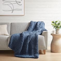 a couch with a blue blanket on top of it next to a potted plant