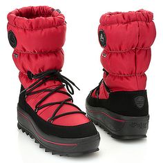 a pair of red and black snow boots