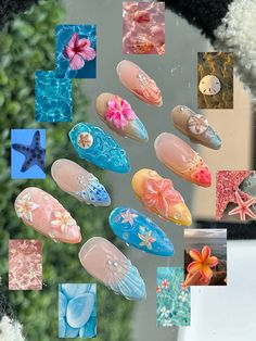 Shell 3d Nails, Summer Beachy Nails, Summer Nail 2024, Sea Inspired Nails, Summer Nails Tropical, 3d Summer Nails, Tropical Summer Nails, Nails Beachy