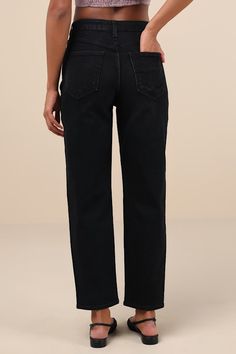 Let the Just Black Authentic Vibes Washed Black High-Rise Tapered Barrel Jeans show off your trend-setting style! Slightly stretchy, washed black denim shapes these effortless jeans with a high-waisted design, complete with belt loops, a five-pocket cut, and a hidden zip fly with a top button closure. The wide, barrel-inspired pant legs fall to tapered hems for an on-trend silhouette. Fit: This garment fits true to size. Length: Ankle length. Size 28 measures 26" from waist to hem. Inseam: 28.00 Versatile Black Mid-rise Jeans, Fitted Mid-rise Black Jeans, Black Fitted Mid-rise Jeans, Fitted Full Length Black Jeans, Versatile Black Jeans For Fall, Versatile Black Jeans For Spring, Black High Rise Relaxed Fit Jeans, High Rise Fitted Black Jeans, Non-stretch Black Jeans