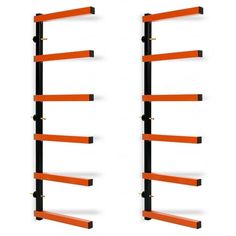 an orange and black shelf with four shelves