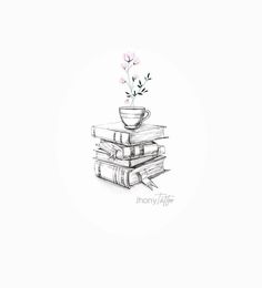 a drawing of a stack of books with a flower in the middle and a coffee cup on top