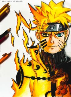 a drawing of naruto with fire coming out of his eyes and holding on to the back of his head