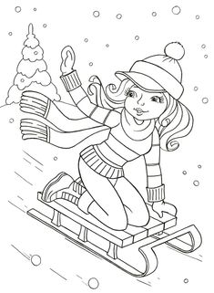 a girl is riding on a sled in the snow with her hat and scarf