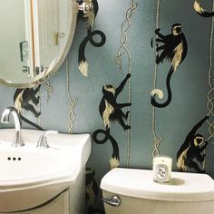 a bathroom with monkey wallpaper on the walls and a mirror above the toilet bowl