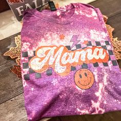 "Groovy Mama" Graphic Tee *Unisex Gildan Softstyle *Bleached, Distressed. All Bleaching Is Different On Each Shirt. *Graphic Reads "Mama" 65% Poly, 35 % Cotton True To Size, Not A Fitting Shirt Summer Soft-washed Purple Tops, Trendy Purple Tops With Funny Print, Purple Cotton Top With Sublimation Print, Cotton Purple Top With Sublimation Print, Purple Soft-washed Graphic Tee, Purple Tops With Custom Print For Summer, Purple Graphic Tee With Custom Print, Dtf Shirts, Volunteer Shirt