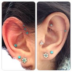 two pictures of the same ear with turquoise and white flowers on each side of it