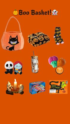 an orange background with various halloween items and the words boo bashet on it's side