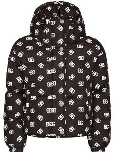 black/white padded design all-over logo print classic hood front press-stud fastening long sleeves straight hem Sicily Bag, Louis Vuitton Supreme, Dg Logo, Hooded Puffer Jacket, Pad Design, Cashmere Wool, Floral Dresses, Press Studs, Puffer Jacket