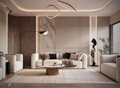 a modern living room with white couches and beige walls