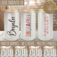 three personalized tumblers are shown with the names of each drink in different font styles