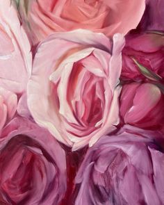 an oil painting of pink and white roses