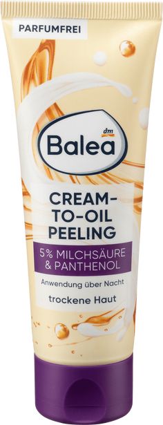 Das Balea Overnight Cream-to-Oil Peeling lässt das tägliche Reinigungsritual zu einem exklusiven Verwöhnmoment werden. Das Peeling mit Milchsäure, Panthenol, Bakuchiol, Glycerin und Öl-Komplex lässt die Haut langfristig durch regelmäßige Anwendung strahlender, frischer und ebenmäßiger erscheinen. Beim Auftragen verwandelt sich die Creme in ein seidiges Öl-Peeling – ohne reibende Peeling-Granulate. Für ein seidenweiches und geschmeidiges Hautgefühl. Hautverträglichkeit dermatologisch bestätigt. Rezeptur ohne Mikroplastik und wasserlösliche rein synthetische Polymere Cream