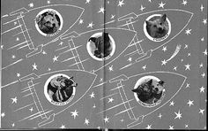 an old book with pictures of dogs in space and stars on the cover is shown