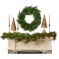 a christmas wreath with pine cones and lights on top of a fireplace mantel in front of a white background