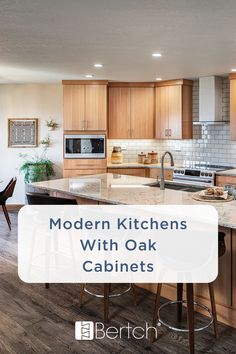 modern kitchen with oak cabinets and bar stools for the island in the center is an open floor plan