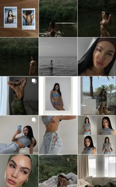 a collage of photos showing different women in bikinis, and the same woman with long dark hair