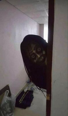 a cat peeking out from behind a chair in a room that has been torn down